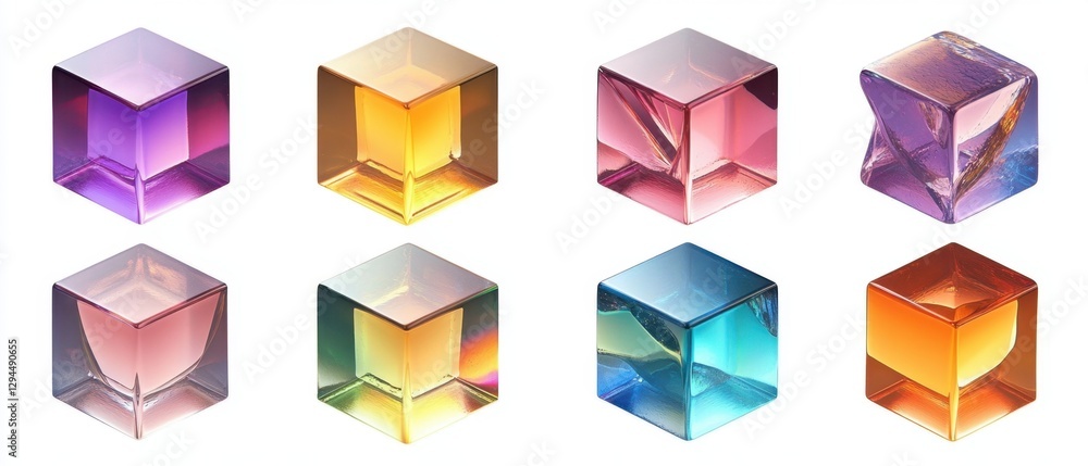 Poster collection of eight colorful glass cubes with abstract inner structures on a clean white background