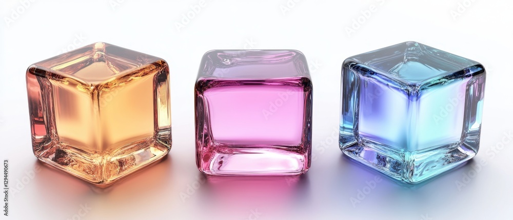 Poster three vibrant translucent cubes showcasing a spectrum of colors on a sleek white surface creating a 
