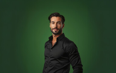 Naklejka premium Handsome man wearing a black shirt standing against a green background. Modern fashion and confidence concept.