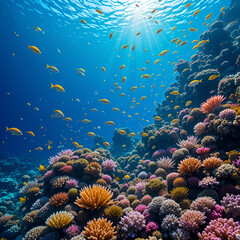 Vibrant Coral Reef Ecosystem with Yellow Fish Underwater
