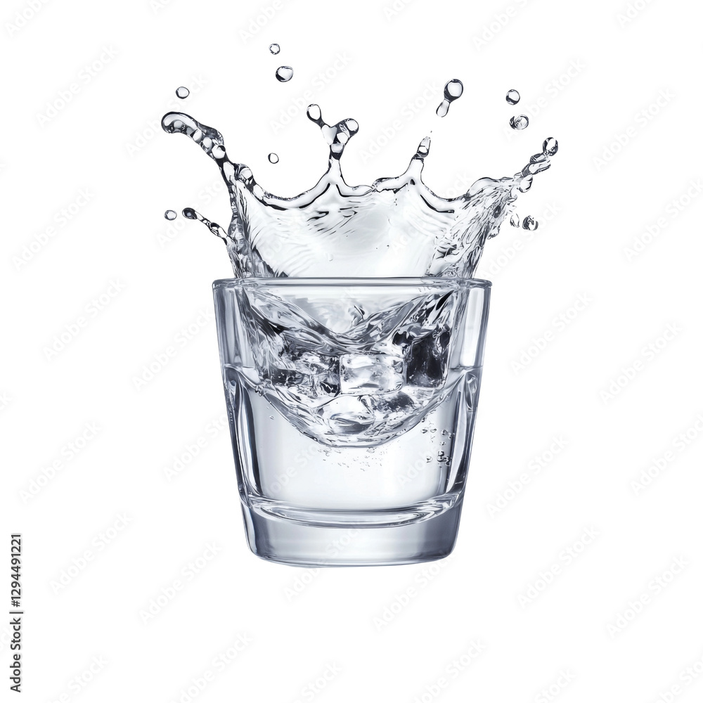 Aufkleber glass filled with ice and water splashes dramatically, creating refreshing scene. clear liquid and ice cubes add sense of coolness and vitality