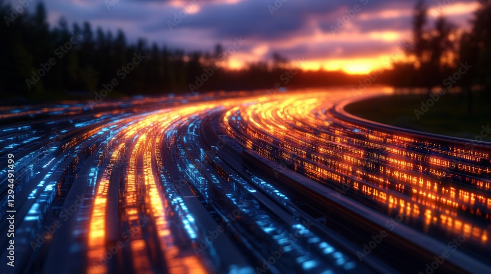 Poster train track at sunset with digital highway representing luminous data streams in the background