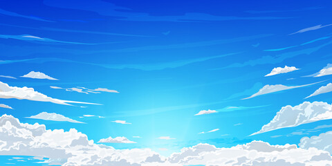 Blue sky, cloud background,Cartoon scene anime nature style,Sunny day summer with sunlight shining, white fluffy cloudy on clear sky,Vector illustration of heaven with bright light  in spring season