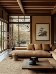 Fototapeta premium Rustic Modern Living Room with a Serene Natural Feel