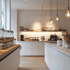 A clean and modern kitchen with natural light and shelves