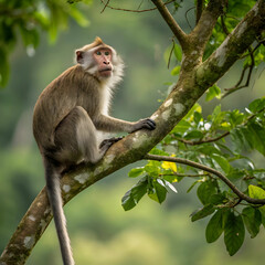 Obraz premium long tailed macaque sits in tree staring left