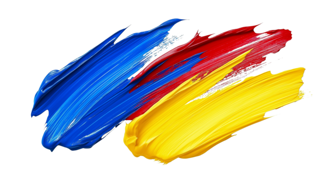 Bold acrylic paint strokes in red, blue, and yellow, abstract artistic expression, isolated on a white background 