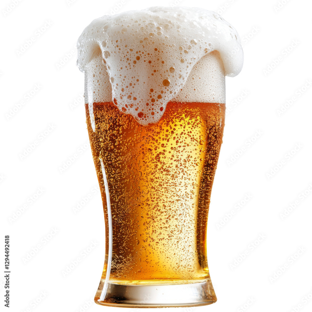 Poster refreshing glass of beer with frothy foam and bubbles, perfect for enjoying on warm day