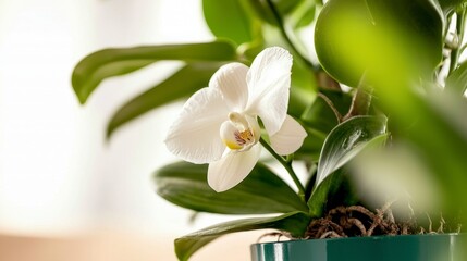 Beautiful White Orchid Bloom  Lush Green Leaves  Houseplant in Pot