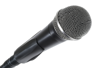 Close up of microphone with a metal mesh head and black cable isolated on transparent background