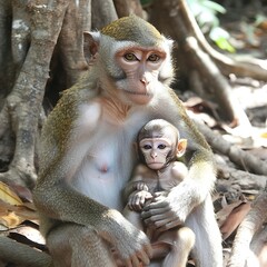 Monkey mother cradling baby, jungle, sunlight