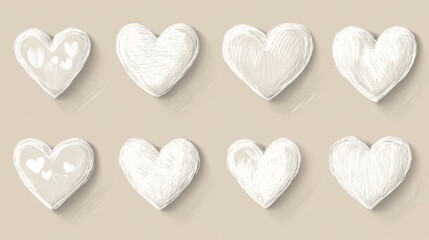 Fototapeta premium Set of eight hand-drawn white hearts on beige background