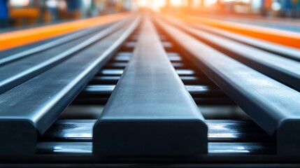 Metal beams on factory conveyor belt at sunset