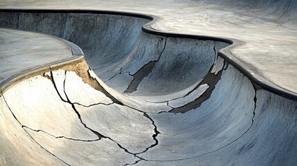 Cracked Concrete Skatepark Bowl with Dramatic Shadows and Lighting
