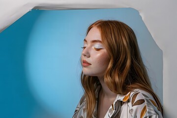 A young woman with light, natural makeup, and a calm demeanor, framed by a minimalistic light blue background.