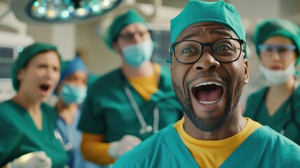 A surprised Black male surgeon in green scrubs and glasses, surrounded by a distressed medical team in a bright operating room.