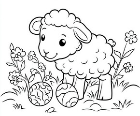 Obraz premium A friendly lamb playing with colorful eggs, coloring page for kids, simple outline illustration. Coloring book.