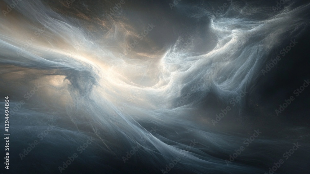 Poster Ethereal clouds drift gracefully through the twilight sky, casting soft glows over a tranquil landscape. The interplay of light and shadow creates a mystical atmosphere, inviting reflection