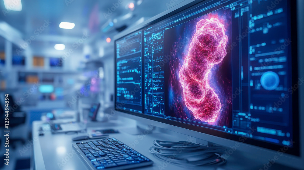 Poster a high-tech medical laboratory displaying a digital scan of a colon on a futuristic computer screen,