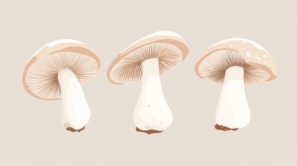 Three mushroom illustrations with beige stems and caps on neutral background