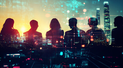 Fototapeta premium Silhouetted Business People Facing City Skyline Symbolizing Collaboration