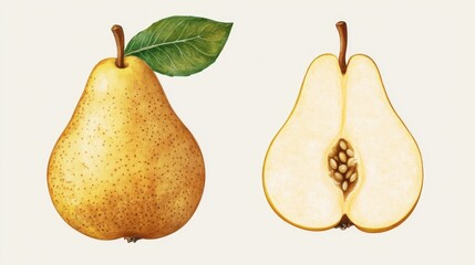 Whole and halved pear with leaf illustrated on white background