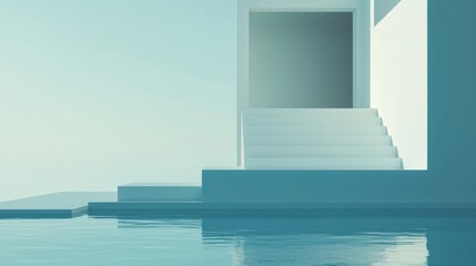 Fototapeta premium Minimalist Architecture with Water and Steps in Serene Ambient Light