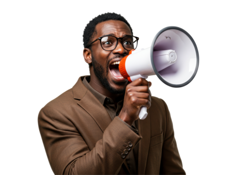 Isolated Black Man Shouting into Megaphone for Attention