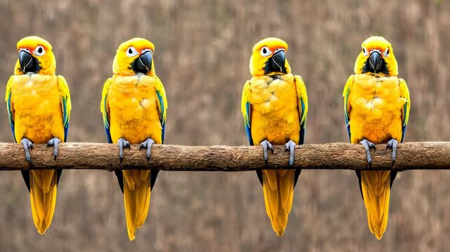 Four vibrant yellow parrots perched on a branch against a neutral background, displaying natural beauty and vivid colors.