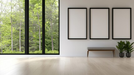 Modern Minimalist Interior with Large Windows and Empty Frames