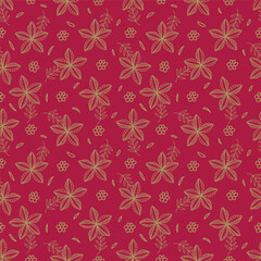 seamless vector repeat pattern, with abstract modern flower elements arranged in clusters with polka dots on a dark navy background