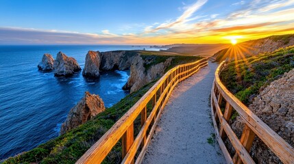 Wooden walkway leading to a beach during sunset with coastal trail and wooden railings in the background