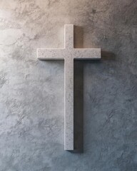Minimalist Stone Cross on Textured Gray Wall with Subtle Natural Light for Spiritual Reflection