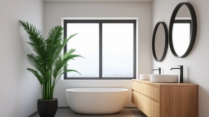 Fototapeta premium Modern and Minimalist Bathroom with Bathtub and Large Windows