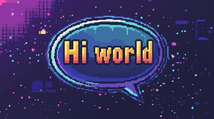 Pixel art speech bubble with hi world text in retro gaming style