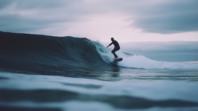 A lone surfer rides a wave under a moody sky, encapsulating the raw beauty and spirit of the ocean.