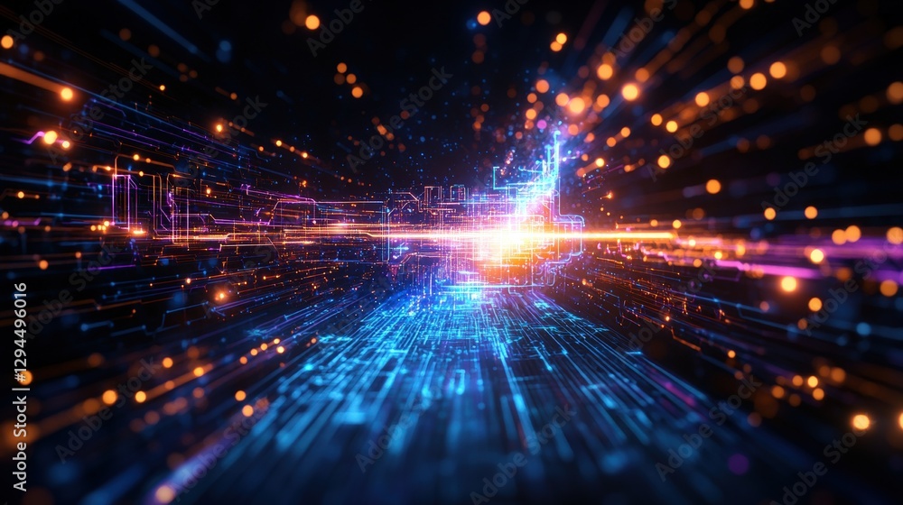 Poster abstract technology background with glowing lines and dots in a blue hyperspace warp design concept