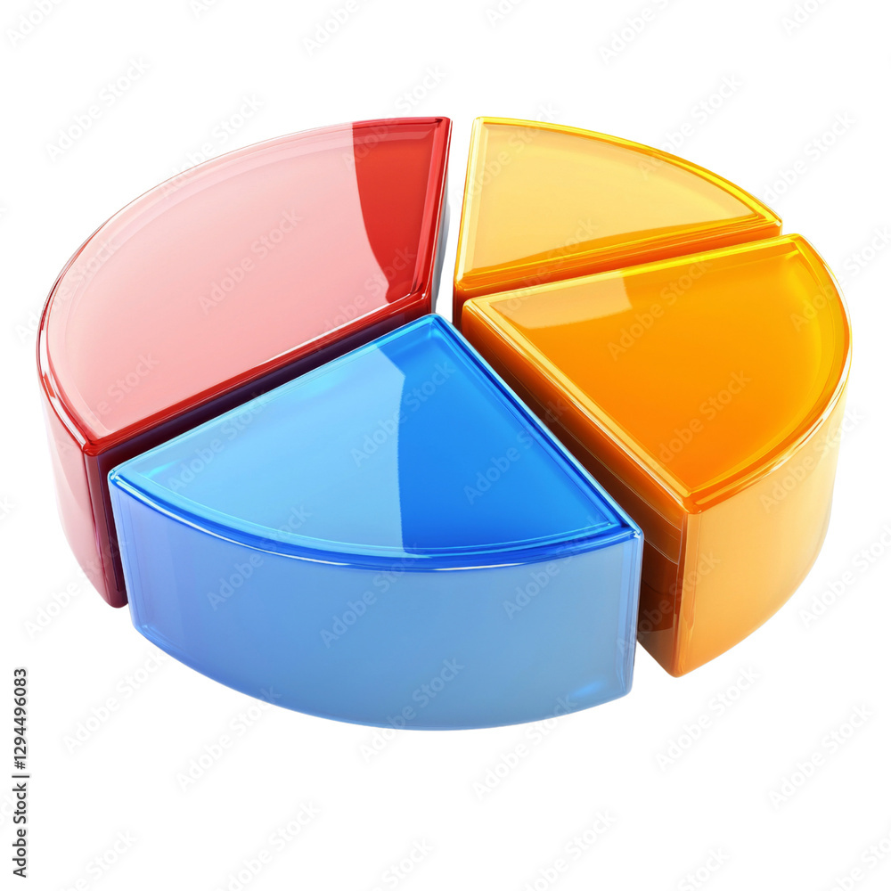 Poster colorful pie chart with segments in red, blue, yellow, and orange, representing data visualization a