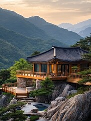 Obraz premium Korean house nestled on a rocky mountain with scenic views