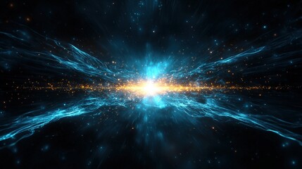 Blue and yellow explosion with sparks in light speed hyperspace warp on a blue background