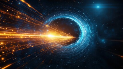 Fototapeta premium Black hole with bright light streaks and blue hyperspace warp background in deep space image