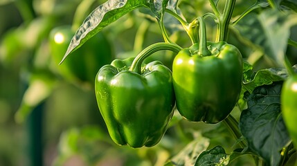 Two Green Bell Peppers Growing on a Plant Stem