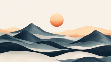 Minimalist landscape with sun over abstract mountains in soft earth tones