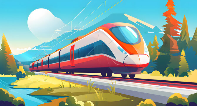 A modern train on the road in a flat cartoon-style vector illustration, ideal for transport and travel-related designs.