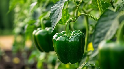 Beautiful green bell peppers growing on a green plant stem