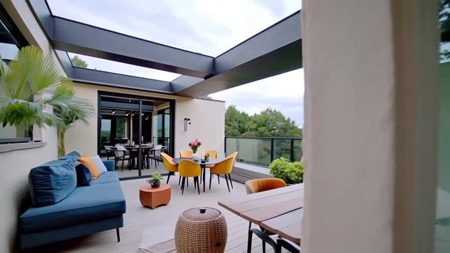 Simulate a walkthrough starting at the terrace entrance, focusing on modern furniture in bold colors like navy blue and mustard yellow.