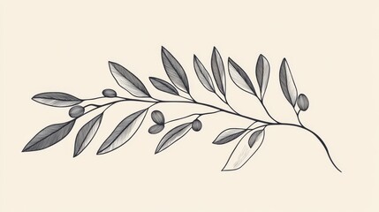 Elegant botanical drawing of olive branch with leaves and fruits