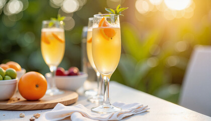 Fototapeta premium Elegant mimosa cocktails on a brunch table in morning light, celebration