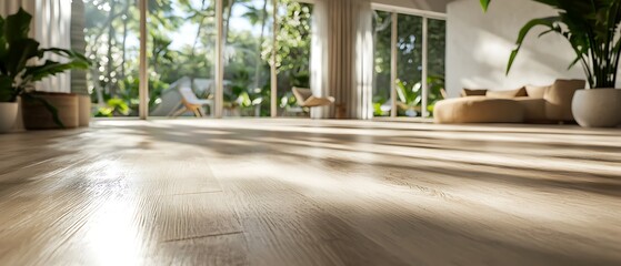 Sunlit contemporary living room with wooden floor and green plants bringing nature indoor