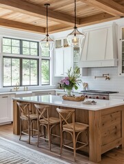 Fototapeta premium A light filled modern kitchen interior with wooden finishes